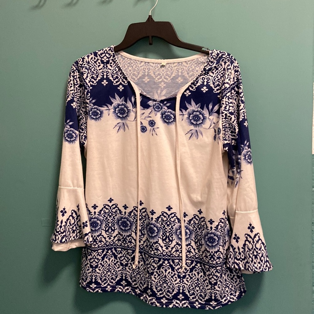Blue flowered top.